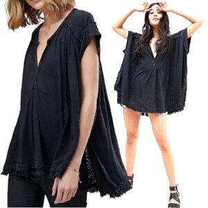 Free People Oversized Charcoal Grey Flowy Linen Cotton Blend Tunic Women's Small